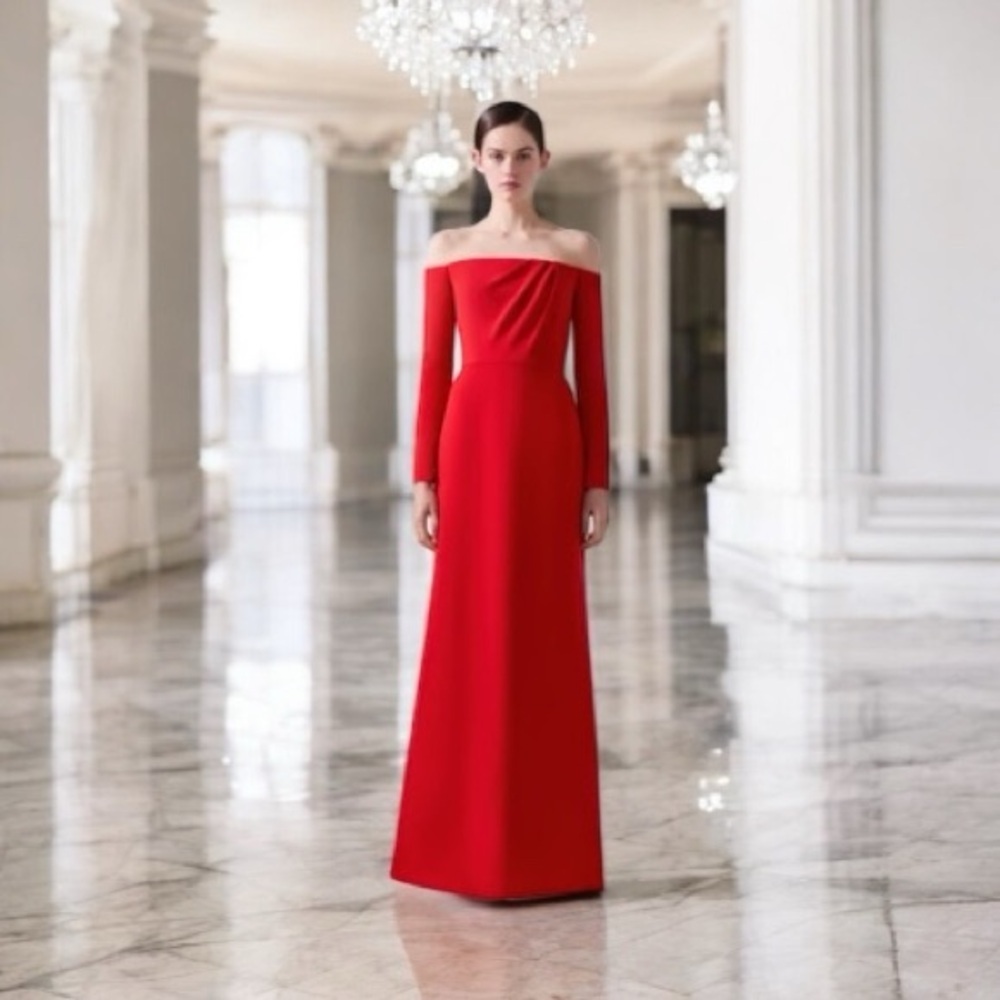Carolina Herrera Red Off Shoulder Gown Maxi Long Sleeve 0 Formal Wedding NWT - Picture 2 of 16